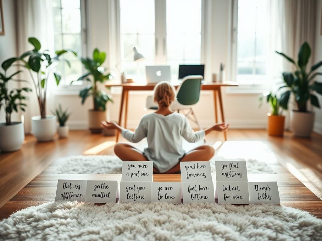 Soft natural lighting fills a serene home office. In the foreground, a person sits cross-legged on a plush rug, hands resting on their lap in a meditative pose. Surrounding them, inspirational affirmation cards are displayed on a wooden table, each card featuring a positive message in a handwritten font. In the middle ground, lush indoor plants and a minimalist desk with a laptop and a pen holder create a calming, productivity-focused atmosphere. The background showcases a large window overlooking a peaceful outdoor scene, emphasizing the tranquility of the space. The overall scene invites the viewer to pause, reflect, and incorporate daily affirmations into their personal routine.