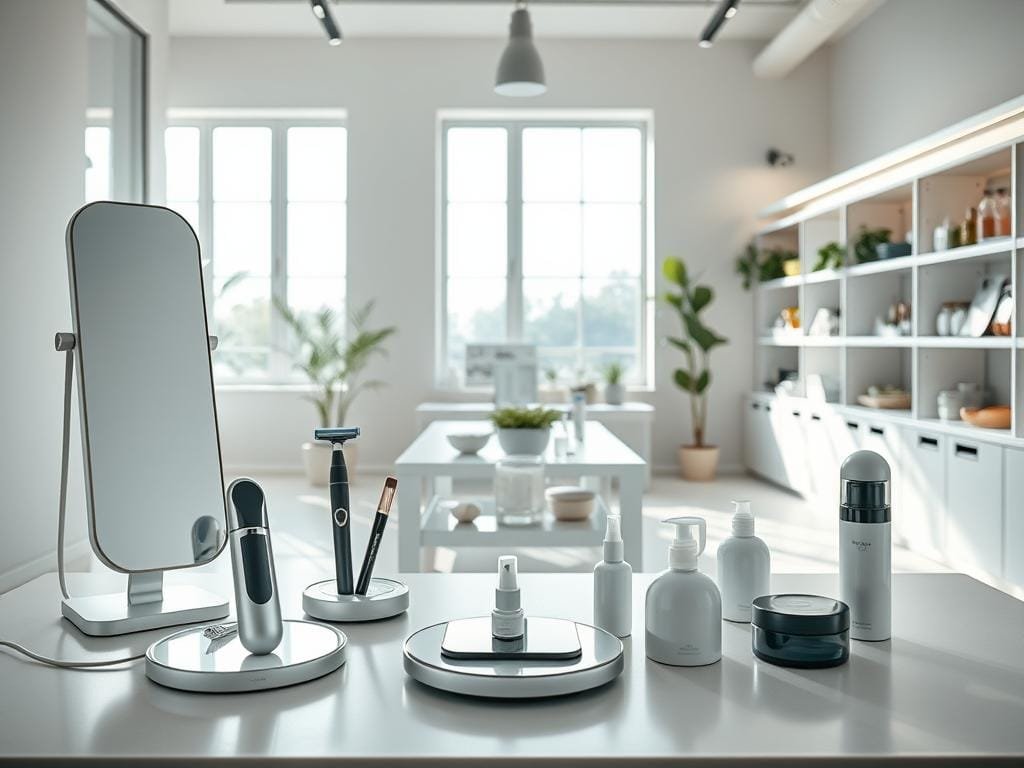 Sustainable beauty tech: a sleek, minimalist workspace with natural light streaming through floor-to-ceiling windows. In the foreground, an array of eco-friendly beauty devices - a smart makeup mirror, a wireless charging pad for electric razors, and a holographic skin analysis tool. In the middle ground, a central table displays plant-based cosmetics and refillable packaging. The background features shelves of botanical ingredients and energy-efficient LED lighting. The overall mood is one of modern, nature-inspired design, reflecting the harmony between technology and sustainability.