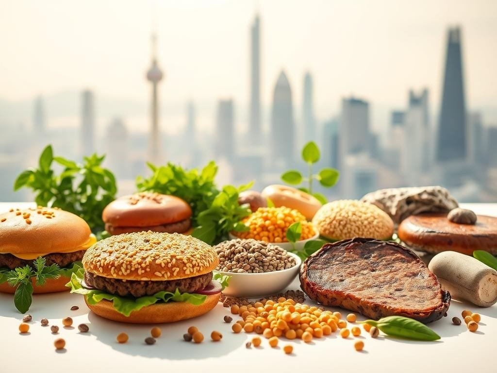 Vibrant and visually striking image of plant-based protein innovations. A foreground of various whole and processed plant-based meat alternatives, such as soy-based burgers, lentil-based sausages, and mushroom-based "steaks", carefully arranged on a minimalist white background. In the middle ground, a selection of plant-based protein sources like quinoa, chickpeas, and chia seeds, as well as innovative protein extraction and processing technologies. The background features a blurred futuristic cityscape, hinting at the integration of these plant-based innovations into the urban landscape. Warm, natural lighting casts soft shadows, conveying a sense of health, sustainability, and technological progress.