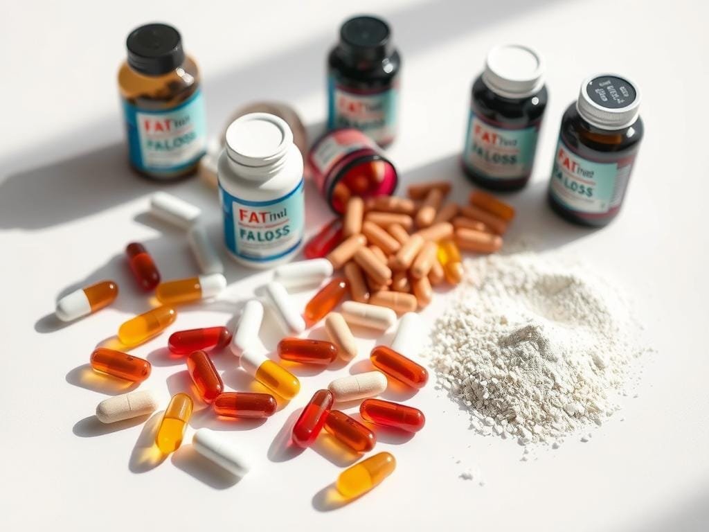 a close-up shot of various fat loss supplements including capsules, pills, and powders on a clean white background, with diffused natural lighting from the side creating soft shadows, conveying a sense of purity, minimalism, and scientific focus, highlighting the supplements in a visually appealing and informative manner suitable for an evidence-based article on effective fat loss approaches