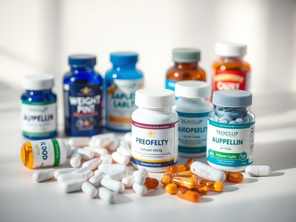 a close-up shot of various weight loss supplements and appetite suppressant pills arranged on a clean, minimalist background with soft, natural lighting and a shallow depth of field to focus attention on the foreground elements. The supplements should have a professional, high-quality appearance, with clear labels and branding visible. The overall mood should be one of subtle sophistication, conveying the idea of effective, science-backed weight loss solutions.