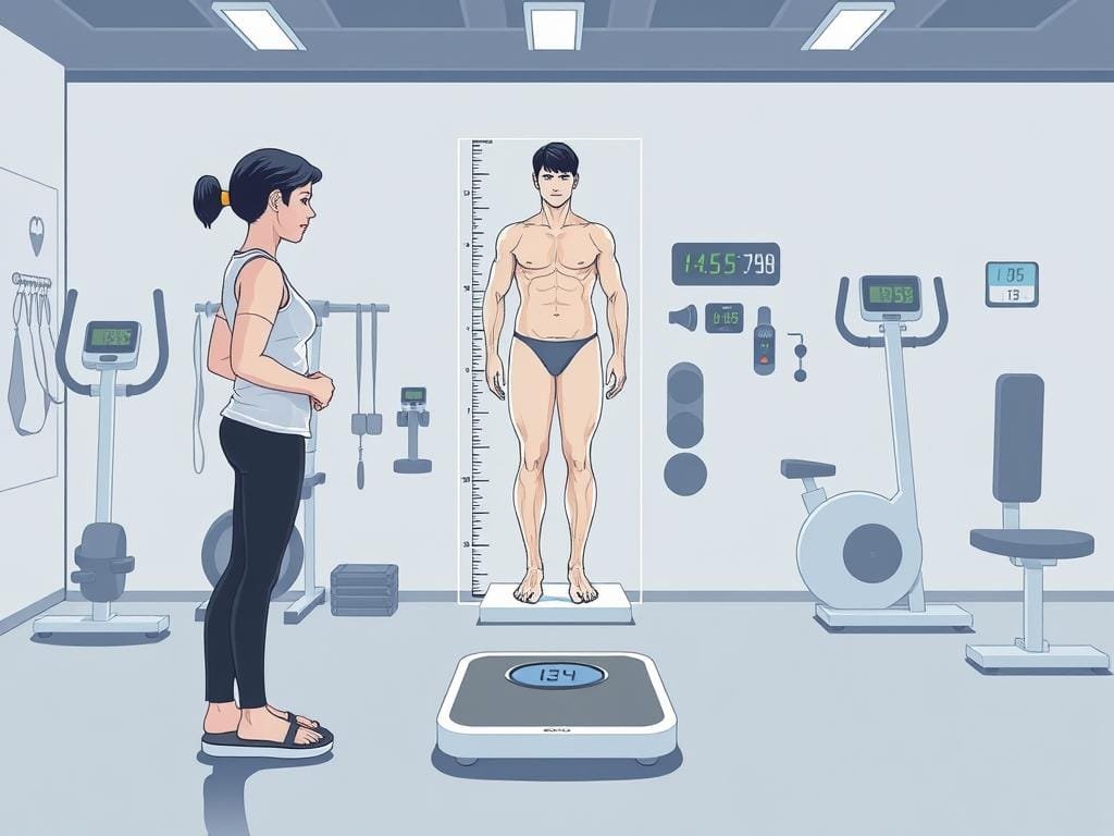 a detailed illustration of a fitness assessment, with a person standing on a scale in the foreground, their body measurements being taken in the middle ground, and various workout equipment and fitness tracking devices in the background. The scene is well-lit, with a clean and minimalist aesthetic, conveying a sense of professionalism and focus on health and wellness. The overall mood is one of assessment and evaluation, with a subtle undertone of progress and improvement.