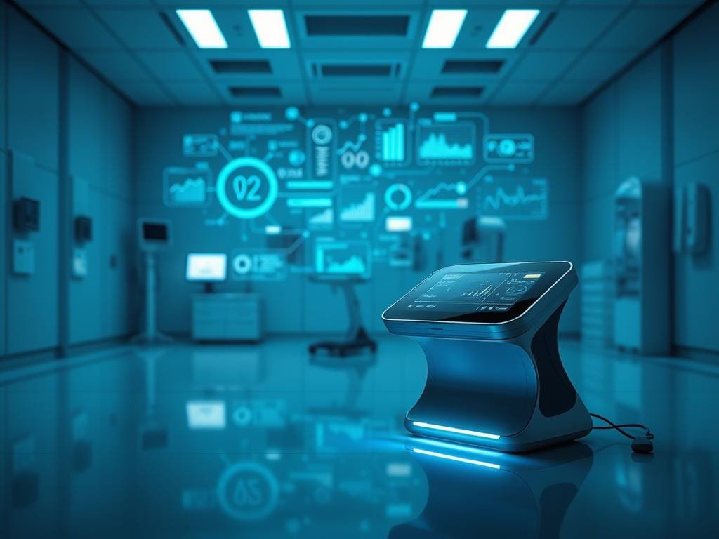 a highly advanced, futuristic weight loss technology device, sleek and modern in design, with a holographic display and touchscreen interface. The device is positioned in the foreground, bathed in a soft, blue-tinted lighting that creates a calming, scientific atmosphere. In the middle ground, a series of interconnected data visualizations and health tracking metrics are projected, representing the device's ability to monitor and analyze the user's biometric data. In the background, a dimly lit, minimalist laboratory setting with clean, white surfaces and advanced medical equipment, conveying a sense of cutting-edge, medical-grade technology. The overall scene evokes a sense of innovation, precision, and the transformative potential of technology in the realm of weight loss and health management.