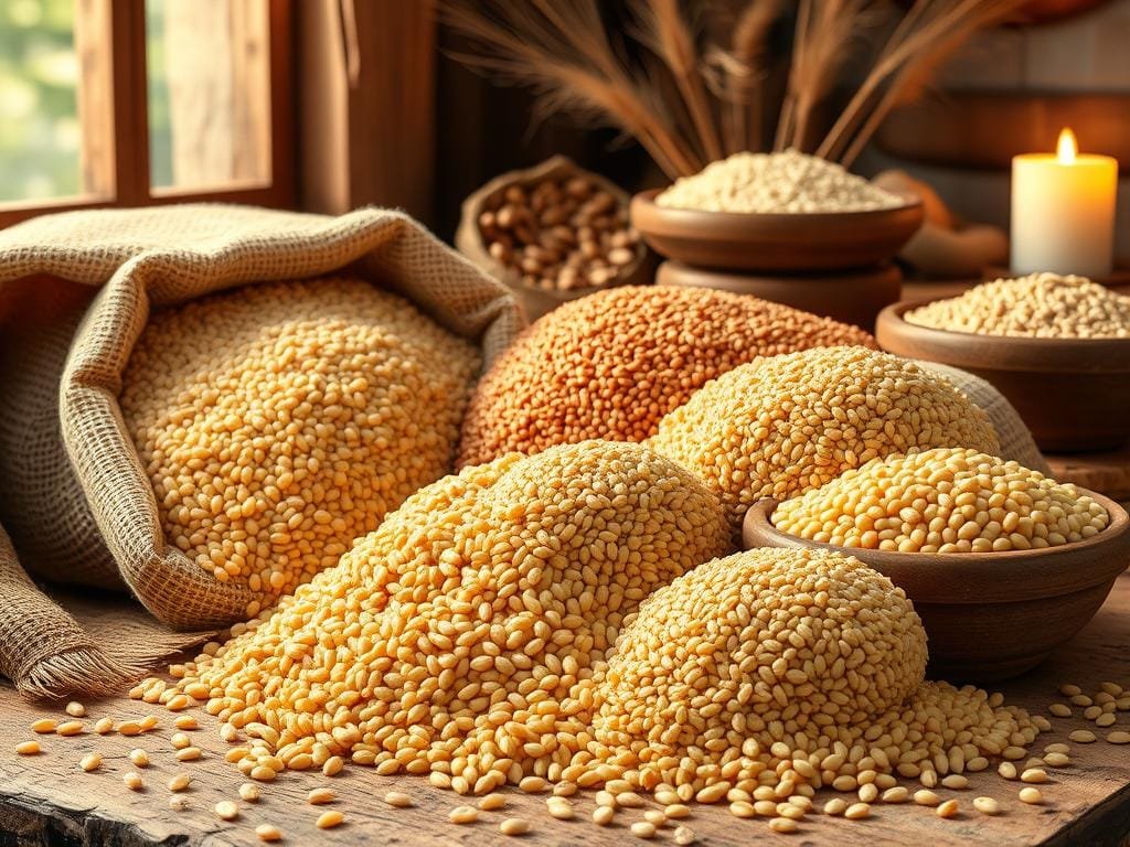 a highly detailed, photorealistic illustration of a selection of ancient grains including quinoa, millet, amaranth, and farro, displayed in a rustic, earthy setting with warm lighting, such as sunlight filtering through a window or candle light. The grains are arranged artfully, with some spilling out of burlap sacks or wooden bowls, highlighting their distinct colors, textures, and shapes. The background features natural elements like wood, stone, or woven textiles to evoke a sense of tradition and heritage. The overall composition conveys the nutritional benefits, versatility, and timeless appeal of ancient grains as a modern superfood.