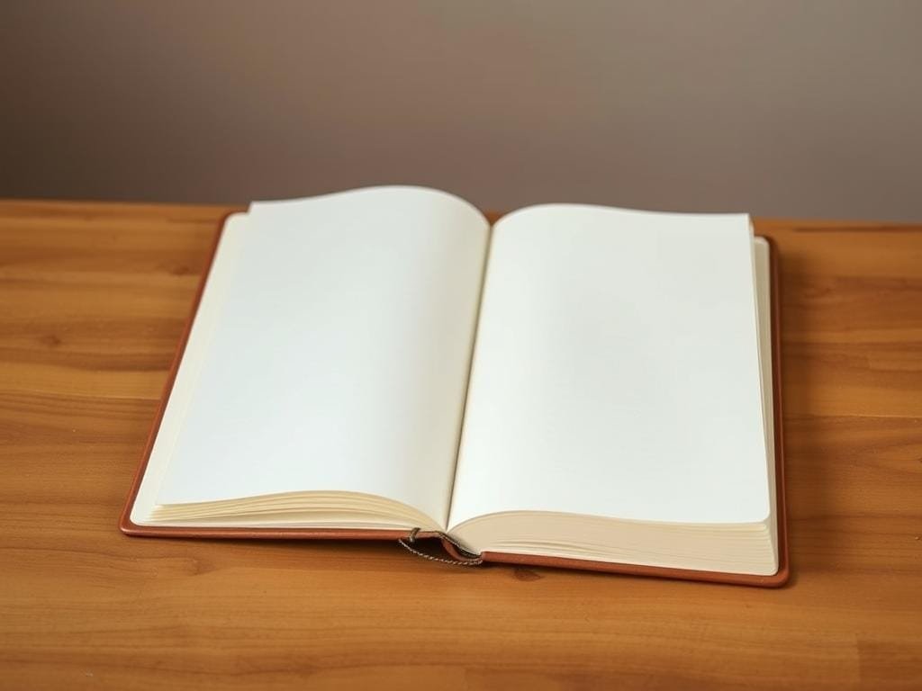 a photo of an open hardcover journal with a clean, minimalist design, sitting on a wooden table against a plain, natural background. The journal has a light-colored, textured cover and the pages are crisp and blank, ready to be filled with handwritten notes and drawings. The lighting is soft and diffused, creating a warm, inviting atmosphere. The camera angle is slightly overhead, giving a clear view of the journal's contents and the table's surface. The overall mood is one of organization, focus, and the potential for personal growth and self-reflection.