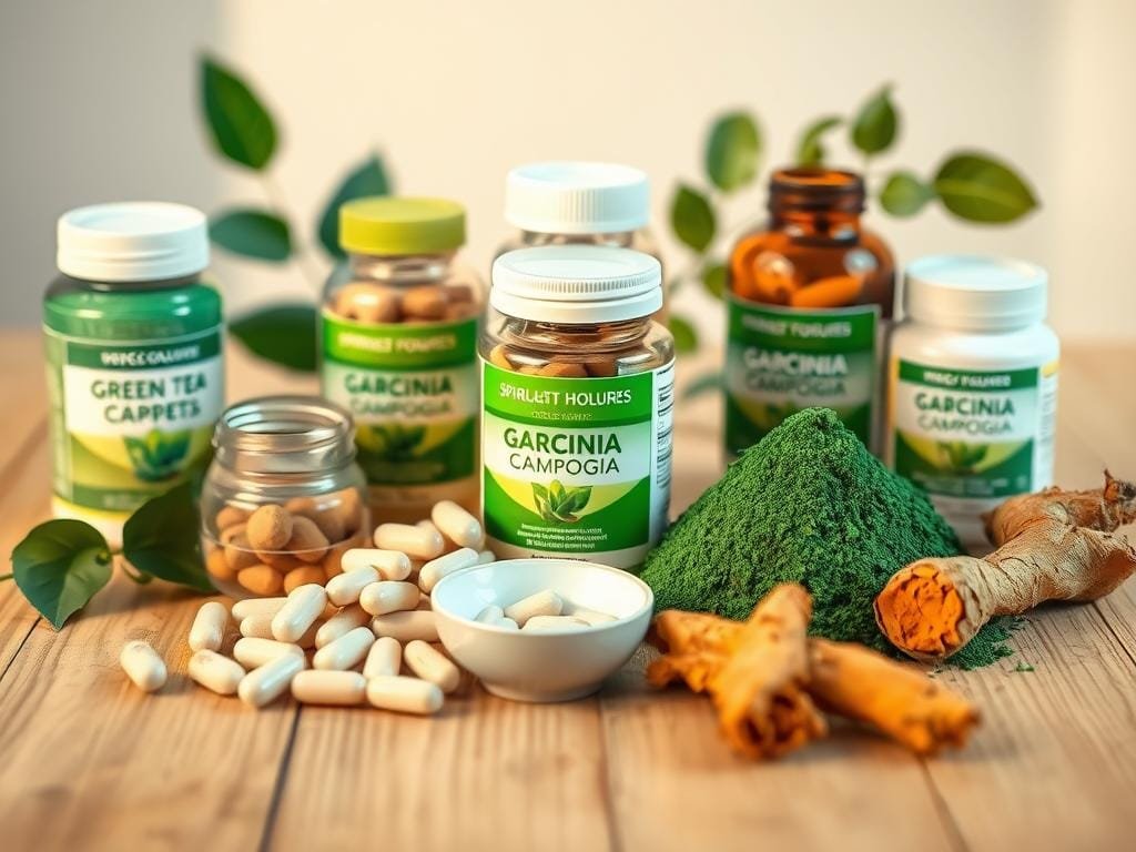 a photo of various natural weight loss supplements arranged on a wooden table, including green tea extract capsules, garcinia cambogia tablets, spirulina powder, and turmeric root, with a soft, natural lighting illuminating the scene, capturing the earthy, organic nature of these supplements, conveying a sense of health, wellness, and a holistic approach to weight management, set against a minimalist, uncluttered background that allows the products to be the focal point