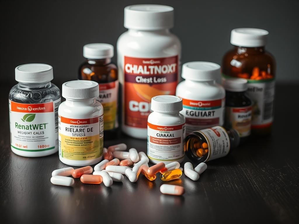 a photo of various weight loss supplements and pills on a dark wooden table, with a focus on the bottles and capsules, shot with a high-quality camera lens in natural lighting to highlight the textures and details. The image should convey a sense of health, wellness, and the potential effectiveness of these supplements, without being overly clinical or sterile. The background should be minimalist and uncluttered, allowing the products to be the central focus of the composition.