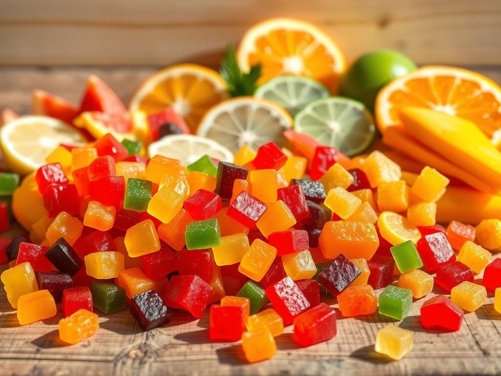 A bountiful assortment of vibrant fruit snacks arranged on a rustic wooden surface, bathed in warm, natural lighting. In the foreground, colorful gummy bears, chewy fruit leather strips, and bite-sized dried mango pieces are scattered across the frame. In the middle ground, a variety of juicy, sliced citrus fruits – oranges, lemons, and limes – add a refreshing, zesty contrast. The background features a minimalist backdrop, allowing the sweet, wholesome treats to take center stage. The overall atmosphere is one of simplicity, health, and indulgence, perfectly capturing the essence of a delightful fruit-based snack.