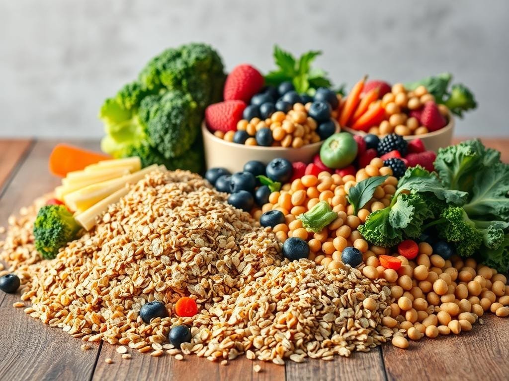 A bright, vibrant still life showcasing a diverse array of high-fiber foods. In the foreground, a mixture of whole grains such as quinoa, oats, and brown rice spill across a rustic wooden table. Interspersed are crunchy vegetables like broccoli, carrots, and kale, their colors popping under warm, natural lighting. In the middle ground, a bowl overflows with juicy berries - blueberries, raspberries, and blackberries. Colorful legumes, including lentils and chickpeas, are neatly arranged, contrasting with the textured surface. The background features a simple, neutral backdrop, allowing the healthy, fiber-rich ingredients to take center stage. The overall composition conveys a sense of nourishment, vitality, and a commitment to gut-healthy, mood-boosting foods.