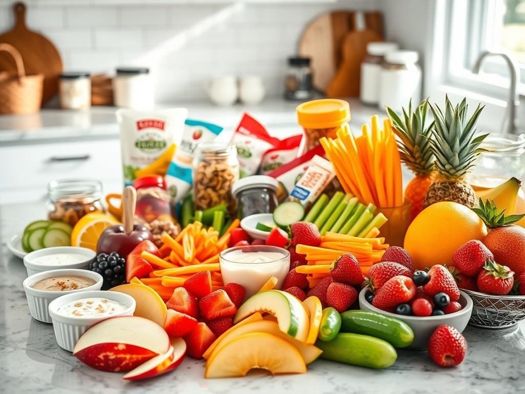 A bright, well-lit kitchen counter overflowing with an array of quick, healthy snack options. In the foreground, a variety of fresh fruits, including crisp apple slices, juicy berries, and tangy citrus wedges, arranged artfully. In the middle ground, crunchy veggie sticks like carrot, celery, and cucumber, accompanied by small bowls of creamy hummus and tangy tzatziki dip. In the background, a few jars of trail mix, protein bars, and individual yogurt cups, all within easy reach. The scene is bathed in soft, natural lighting, creating a warm, inviting atmosphere that evokes a sense of nourishment and on-the-go convenience.