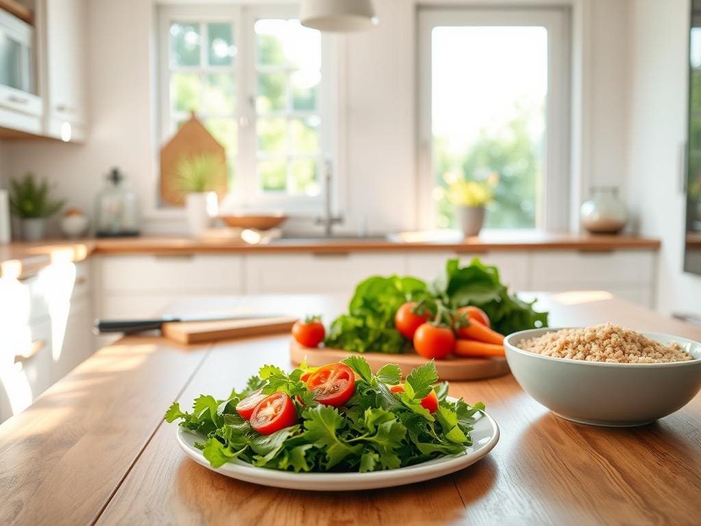 A cheerful, sun-drenched kitchen with a wooden table set for a simple, vegetarian meal. In the foreground, a platter of fresh, colorful vegetables - crisp greens, juicy tomatoes, and crunchy carrots. Beside it, a bowl of whole grains, perhaps quinoa or brown rice, with a drizzle of fragrant olive oil. In the middle ground, a cutting board with a knife and a few herbs, hinting at the preparation process. The background features clean, minimalist cabinetry and a large window overlooking a lush, verdant garden. The lighting is soft and natural, creating a warm, inviting atmosphere. The overall scene conveys a sense of effortless, healthy meal planning.