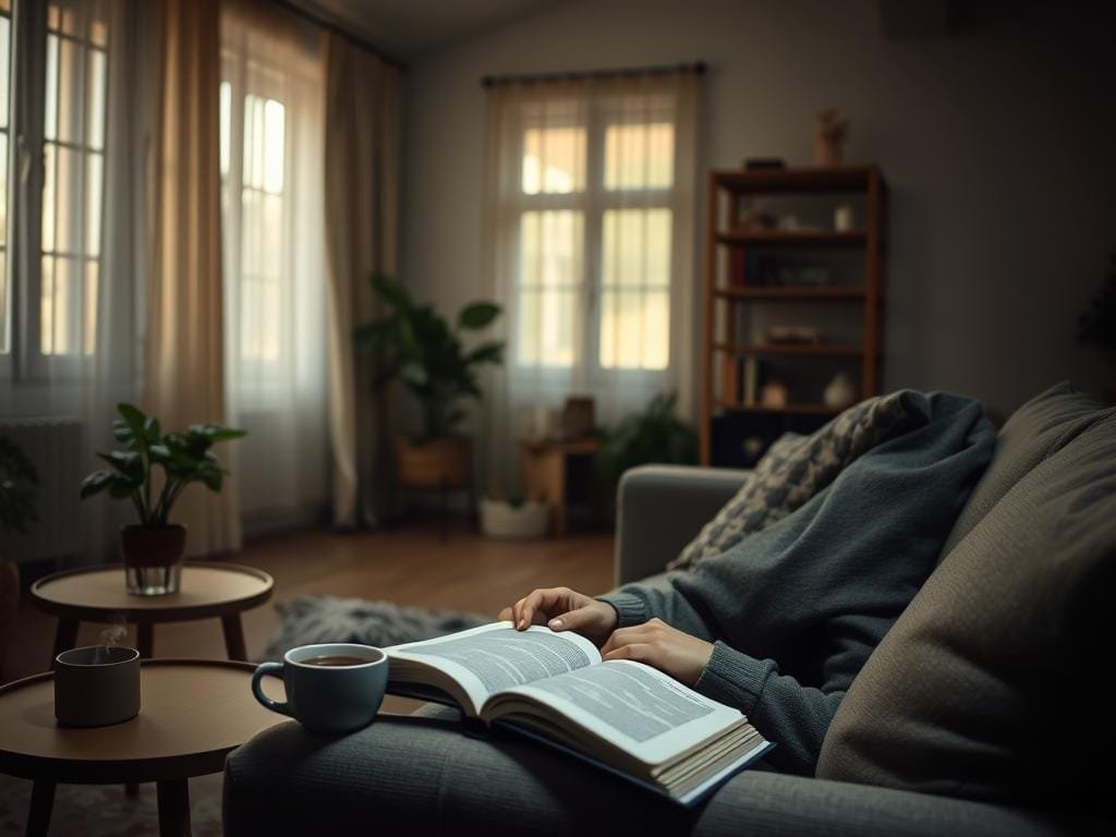 A cozy, dimly lit living room setting. In the foreground, a person sits on a plush sofa, hands resting on a book, eyes relaxed and focused. Nearby, a small table holds a steaming mug of tea and a potted plant. The middle ground features a large window, its curtains drawn, allowing soft, natural light to filter in. In the background, a bookshelf stands tall, its shelves adorned with various trinkets and mementos, suggesting a space for quiet contemplation. The overall atmosphere is one of tranquility and mindfulness, inviting the viewer to disconnect from digital distractions and embrace peaceful self-care rituals.