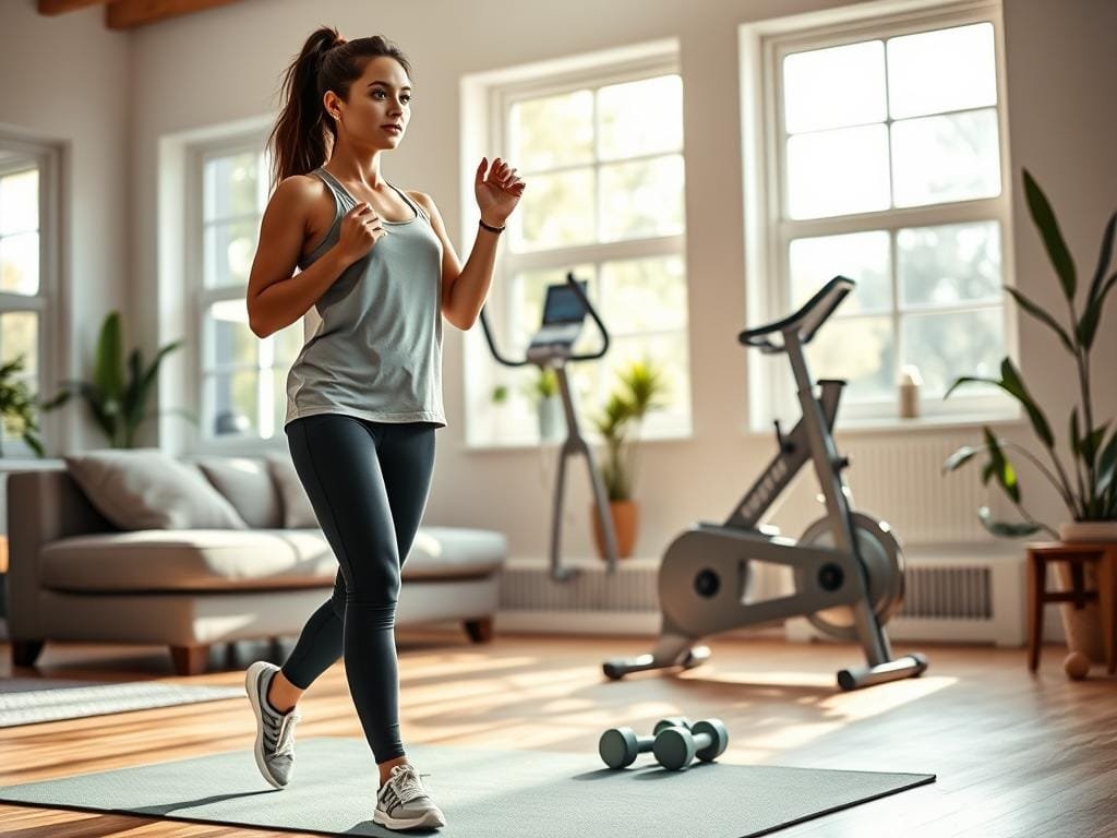 A cozy living room with natural light flooding in through large windows, creating a warm and inviting atmosphere. In the foreground, a woman performs a high-knee march, her expression focused and determined. Behind her, an exercise mat and a few lightweight dumbbells are neatly arranged, suggesting a well-equipped home gym. The middle ground features a sleek, minimalist exercise bike, hinting at the variety of cardio workouts possible in this space. The background showcases a few houseplants and a modern, zen-inspired decor, contributing to the sense of a peaceful, rejuvenating environment.
