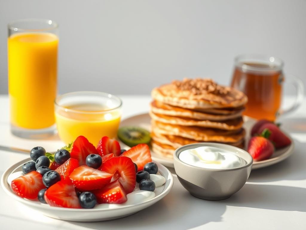 A delectable spread of a healthy breakfast, captured in natural light. In the foreground, a plate brimming with a colorful array of fresh fruit - sliced strawberries, blueberries, and kiwi. Beside it, a bowl of creamy Greek yogurt, drizzled with a touch of honey. In the middle, a stack of fluffy whole-wheat pancakes, topped with a sprinkle of cinnamon. Accompanying the meal, a glass of freshly squeezed orange juice and a steaming mug of aromatic herbal tea. The scene is set against a minimalist, light-colored background, creating a calming and inviting atmosphere, perfect for kickstarting a day of nourishing and balanced meals.