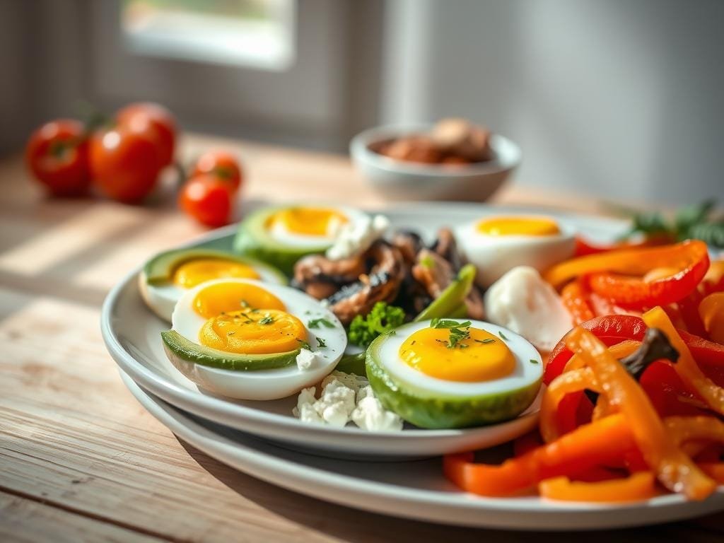 A delectable spread of low-carb breakfast items, meticulously arranged against a clean, minimalist backdrop. In the foreground, a plate showcases perfectly cooked eggs - soft-boiled, scrambled, and poached - accompanied by avocado slices, crumbled feta, and a sprinkle of fresh herbs. In the middle ground, a selection of vibrant vegetables, such as sautéed mushrooms, roasted tomatoes, and crisp bell pepper strips, create a visually appealing and nutrient-dense side. The background features a rustic wooden table, softly illuminated by natural light streaming in from a nearby window, creating a warm and inviting atmosphere. This scene embodies the essence of a wholesome, satisfying, and low-carb breakfast that will keep you fueled until lunchtime.