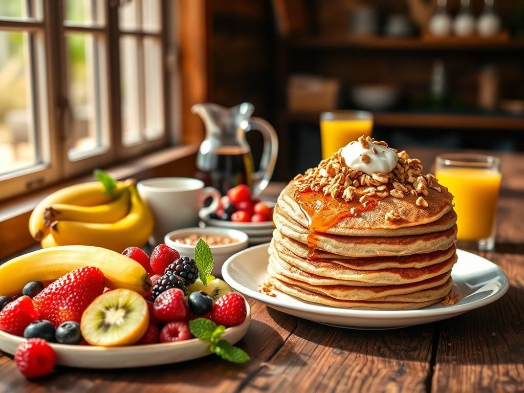 A delectable spread of nutritious breakfast options arranged on a rustic wooden table, bathed in warm natural light from a large window. In the foreground, a selection of fresh fruits - juicy berries, sliced kiwi, and ripe bananas. In the middle, a stack of fluffy whole-grain pancakes drizzled with pure maple syrup, accompanied by a bowl of creamy Greek yogurt topped with crunchy granola. In the background, a carafe of freshly brewed coffee and a glass of freshly squeezed orange juice, complementing the vibrant, health-conscious scene. The overall atmosphere is one of simplicity, nourishment, and a sense of well-being, inviting the viewer to savor a balanced, energizing start to the day.