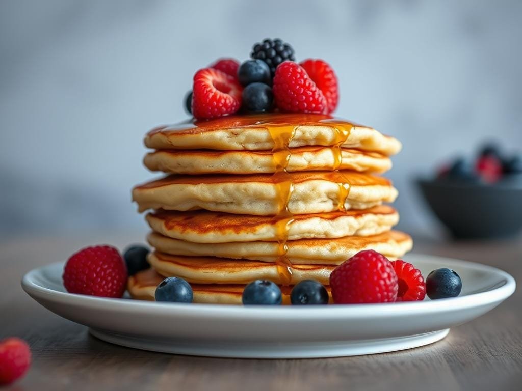 A delectable stack of low-carb pancakes, their golden-brown surfaces glistening under soft, natural lighting. Fluffy yet dense, they're adorned with a garnish of fresh berries and a drizzle of sugar-free syrup, creating a visually appealing and nutritious breakfast option. The scene is captured with a shallow depth of field, focusing the viewer's attention on the enticing pancakes set against a slightly blurred, minimalist background, conveying a sense of simplicity and culinary sophistication. The overall mood is one of inviting healthfulness, enticing the viewer to indulge in this creative low-carb breakfast alternative.