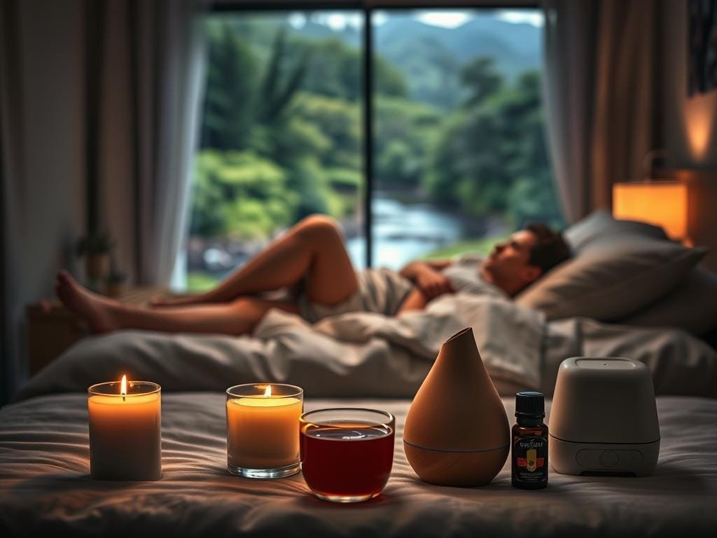 A dimly lit bedroom with soft, warm lighting, a plush bed with comfortable bedding, and a figure resting on their side in a peaceful, relaxed pose. In the foreground, various relaxation tools are arranged neatly, such as a scented candle, a cup of herbal tea, and a stress-relieving essential oil diffuser. The middle ground features a tranquil landscape with a gently flowing river and lush, verdant foliage, creating a calming, natural atmosphere. The background is blurred, yet hints at a cozy, inviting environment, emphasizing the sense of tranquility and restfulness. The overall mood is one of serene relaxation, encouraging a peaceful and restful night's sleep.