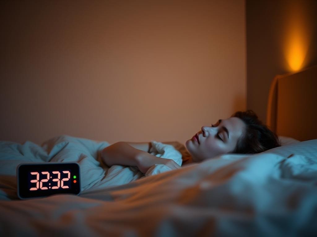 A dimly lit bedroom with warm, cozy lighting. In the foreground, a person is lying in bed, their eyes closed, enjoying a peaceful, restful sleep. Beside the bed, a digital clock displays the time, its numbers softly glowing. In the background, the room is devoid of any electronic devices, creating a tranquil, screen-free environment conducive to better sleep habits. The overall atmosphere is one of calm, relaxation, and tranquility, encouraging a natural and restorative sleep experience.