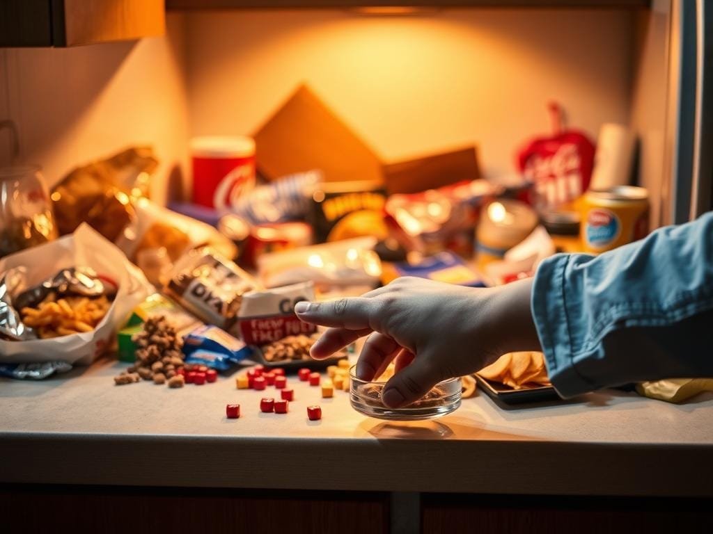 A dimly lit kitchen counter, cast in warm, golden light. An array of unhealthy snacks sprawled across the surface - greasy fast food, sugary sodas, processed sweets, and salty chips. In the foreground, a hand reaches for a candy bar, hesitating as if reconsidering the choice. The background blurs, emphasizing the contrast between the enticing yet energy-sapping treats and the realization that they should be avoided for consistent, focused energy throughout the day.