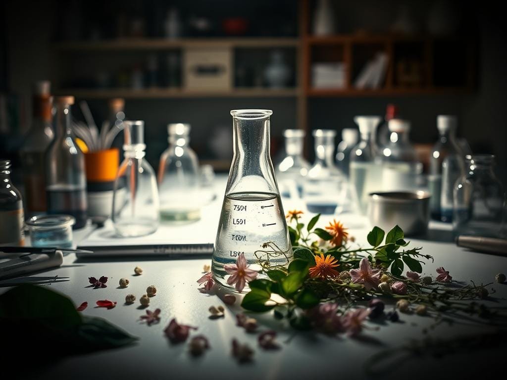 A dimly lit laboratory table, with various scientific instruments and glassware scattered around. In the foreground, a transparent glass beaker filled with clear liquid, representing water. Surrounding the beaker, a mix of botanical elements like leaves, flowers, and herbs, symbolizing the factors that influence hydration - diet, lifestyle, environment, and more. Soft, warm lighting casts subtle shadows, creating a contemplative, educational atmosphere. The overall composition conveys the complexity and interconnectedness of the human hydration process.