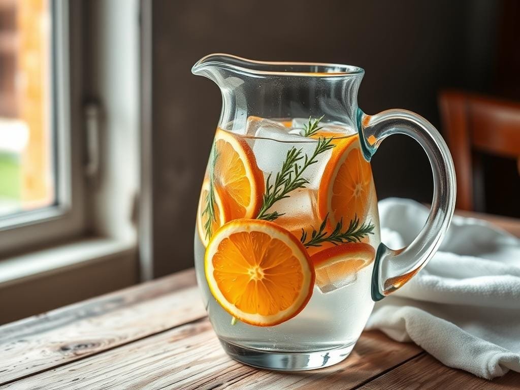 A glass pitcher filled with crystal clear water, infused with slices of vibrant citrus fruits, fresh sprigs of fragrant herbs, and a few ice cubes gently floating. The pitcher is placed on a rustic wooden table, with a simple white towel draped nearby. Soft, natural lighting filters in from a nearby window, casting a warm glow on the scene. The mood is calm, refreshing, and inviting, encouraging the viewer to take a sip and savor the infused water's delightful flavors. A close-up angle highlights the intricate details of the ingredients, showcasing the thoughtful combination of ingredients to elevate the humble glass of water.