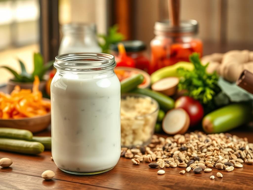 A high-resolution, photorealistic image of various probiotic-rich foods artfully arranged on a wooden table. In the foreground, a glass jar filled with live, active cultures of yogurt or kefir. In the middle ground, an assortment of fermented vegetables like sauerkraut, pickles, and kimchi, their vibrant colors and textures on full display. In the background, a scattering of whole grains, nuts, and seeds that support a healthy gut microbiome. Warm, natural lighting casts a soft glow, creating a calming, appetizing atmosphere. The image conveys the idea of nourishing, gut-friendly foods that can be easily incorporated into one's daily diet.