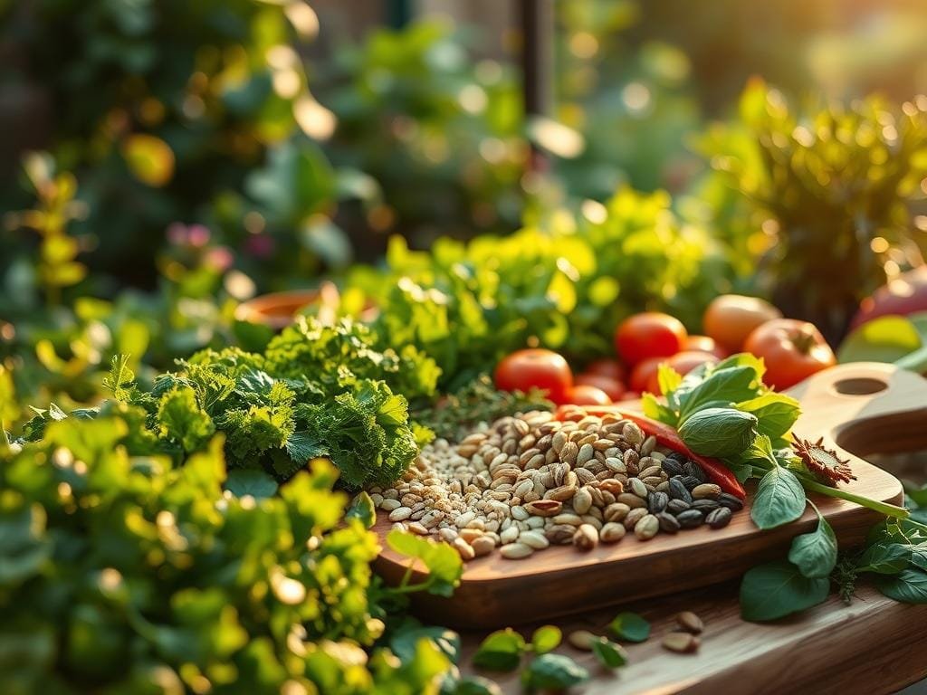 A lush, verdant kitchen garden, teeming with a bountiful harvest of fresh, vibrant produce. In the foreground, an assortment of wholesome ingredients - leafy greens, colorful vegetables, aromatic herbs, and a selection of nuts and seeds. The lighting is warm and natural, casting a soft, inviting glow that enhances the textures and colors. In the middle ground, a wooden cutting board with a soothing, calming arrangement of these nourishing elements, conveying the idea of mindful meal preparation. The background blurs into a serene, natural setting, evoking a sense of tranquility and balance. The overall atmosphere is one of nourishment, wellness, and stress-relieving calm.
