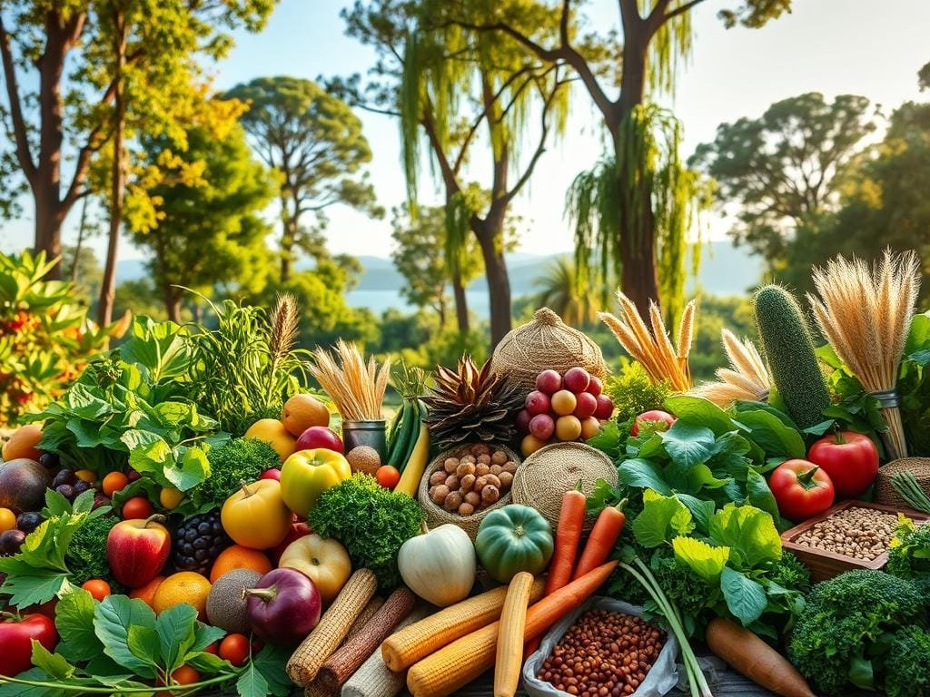 A lush, verdant landscape with vibrant, flourishing plant life showcasing the diverse bounty of a plant-based diet. In the foreground, an array of fresh produce - leafy greens, colorful fruits, and nutrient-dense vegetables - artfully arranged to highlight their natural beauty and nutritional value. The middle ground features healthy, hearty whole grains and legumes, while the background frames the scene with towering, sun-dappled trees and a serene, azure sky. Soft, warm lighting illuminates the scene, creating a sense of vitality and well-being. The overall composition conveys the abundance, health, and vibrancy associated with a plant-based lifestyle, debunking myths and misconceptions.
