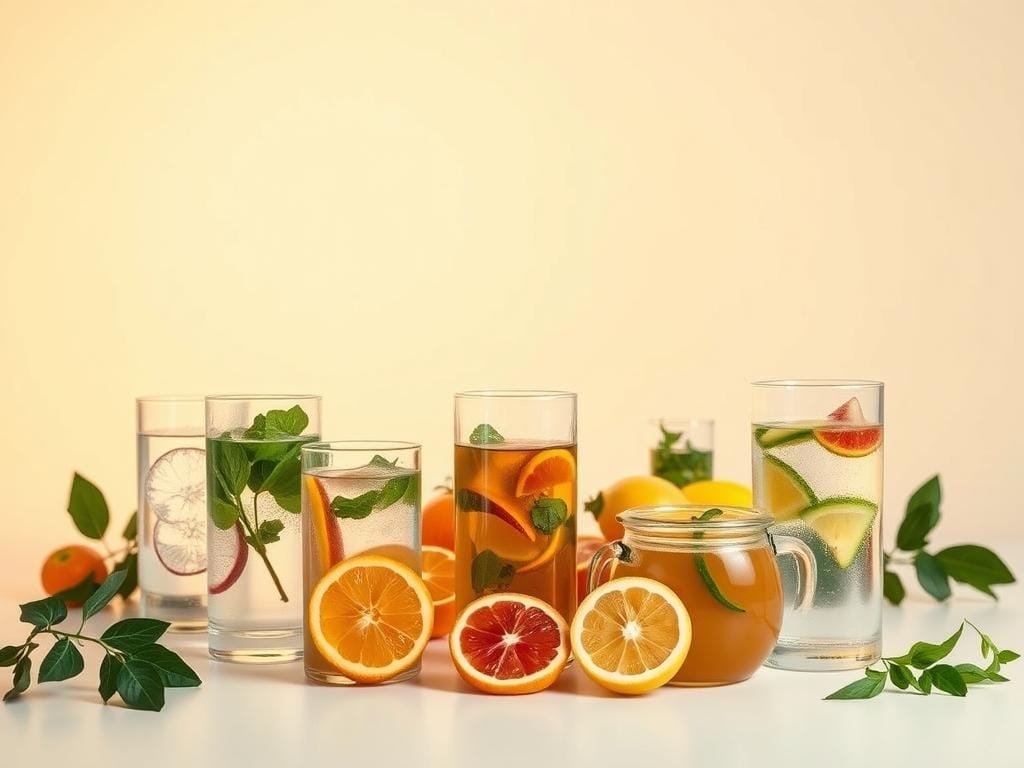 A minimalist, clean-lined composition depicting various hydration recommendations in a balanced, harmonious arrangement. In the foreground, a group of different glass vessels filled with clear, refreshing liquids - water, herbal tea, and fruit-infused beverages. The middle ground showcases sliced citrus fruits, leafy greens, and other hydrating natural elements. The background features a soft, muted gradient in soothing, earthy tones, evoking a sense of wellness and balance. Warm, diffused lighting casts a gentle glow, creating an inviting, serene atmosphere. The overall scene conveys a thoughtful, considered approach to maintaining proper hydration through a variety of healthy, hydrating options.