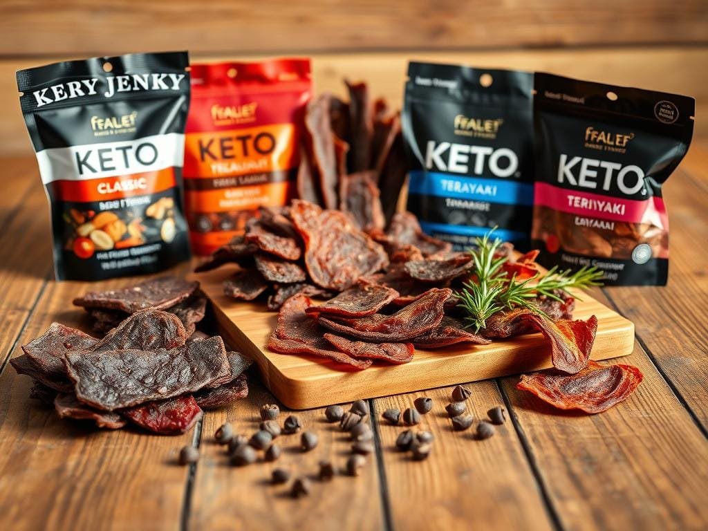 A mouthwatering assortment of keto jerky snacks arranged on a rustic wooden table. In the foreground, various flavors of beef jerky are elegantly displayed, including classic, spicy, and teriyaki varieties. The middle ground features an artisanal wooden tray with different shapes and textures of jerky, complemented by a scattering of whole peppercorns and sprigs of rosemary. In the background, a clean, bright light illuminates the scene, casting a warm, inviting glow. The image conveys a sense of premium quality, healthy indulgence, and the perfect low-carb snack for busy keto lifestyles.