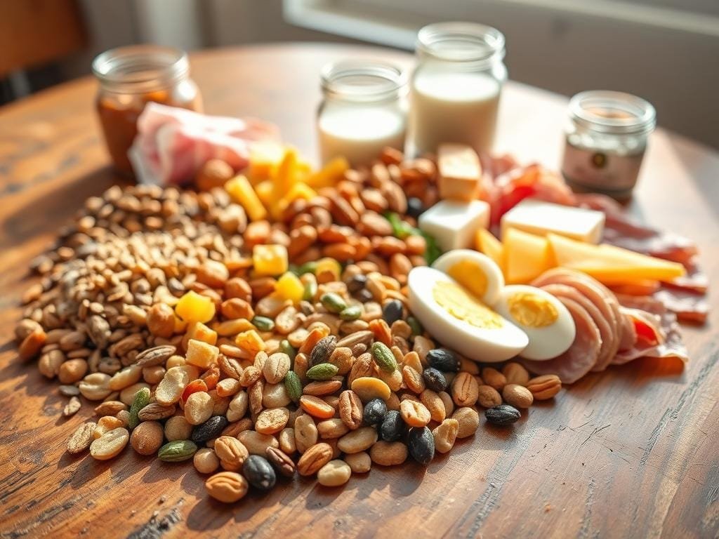 A neatly arranged assortment of keto-friendly snack ingredients sits on a rustic wooden table, bathed in warm, natural lighting. In the foreground, an array of nuts, seeds, and low-carb dried fruit glistens, inviting the viewer to imagine the portable, satisfying snacks that could be crafted from these simple yet nutrient-dense components. The middle ground features a handful of hard-boiled eggs, sliced cheese, and strips of cured meat, complementing the other ingredients and hinting at the versatility of this keto-friendly spread. In the background, a few glass jars filled with nut butters and coconut oil subtly suggest the essential fats and oils that round out a balanced keto diet. The overall composition evokes a sense of wholesome, on-the-go nourishment, perfectly suited for the busy lifestyle described in the article's title.