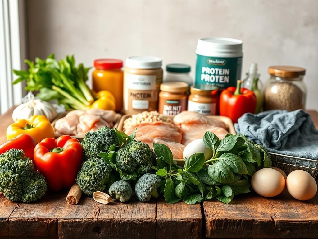 A neatly arranged still life on a rustic wooden table, capturing the essential ingredients for high-protein meal prep. In the foreground, an assortment of fresh vegetables, including broccoli, bell peppers, and spinach, complemented by lean protein sources such as chicken breasts, salmon fillets, and eggs. In the middle ground, jars of protein powder, nut butters, and whole grains like quinoa and brown rice, showcasing the building blocks of a balanced, nutrient-dense diet. The background features a subtle natural lighting, casting a warm glow and emphasizing the vibrant colors and textures of the ingredients. The overall composition conveys a sense of health, wholeness, and the promise of nourishing, high-protein meals to come.