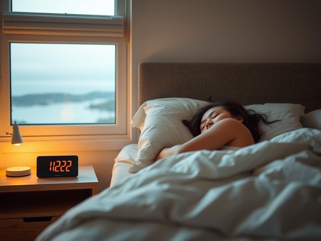 A peaceful bedroom scene with a woman sleeping soundly, her face relaxed and serene. Soft, warm lighting fills the space, creating a cozy atmosphere. The bed is neatly made, with plush bedding and fluffy pillows. On the nightstand, a digital clock displays the time, indicating a consistent sleep schedule. The room is uncluttered, with minimal decor, allowing the focus to remain on the restful environment. The window in the background offers a glimpse of a serene outdoor landscape, further emphasizing the tranquility of the scene. The overall impression is one of rejuvenation and the benefits of a well-rested state.