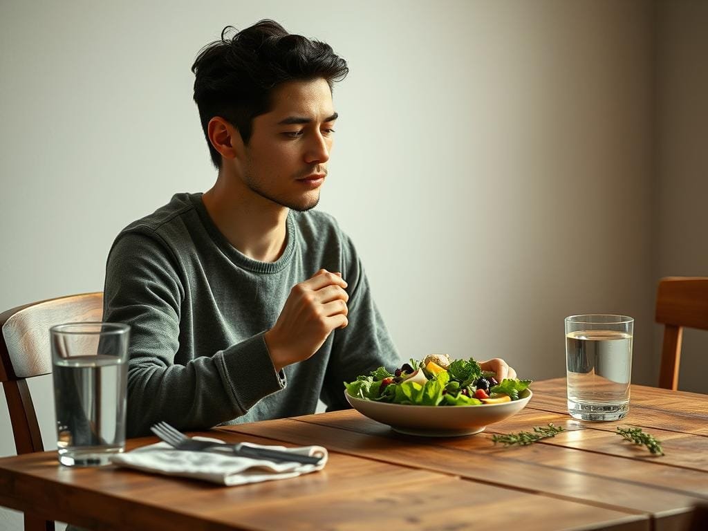 A person sitting at a wooden table, thoughtfully enjoying a fresh salad. The table is set with simple, natural elements - a linen napkin, a glass of water, and a few sprigs of greenery. Soft, diffused lighting filters in through a window, creating a calm, serene atmosphere. The individual's expression is one of mindful presence, savoring each bite and the flavors of the nutritious meal. The scene conveys a sense of balance, harmony, and a reverence for the nourishing qualities of wholesome, unprocessed foods.