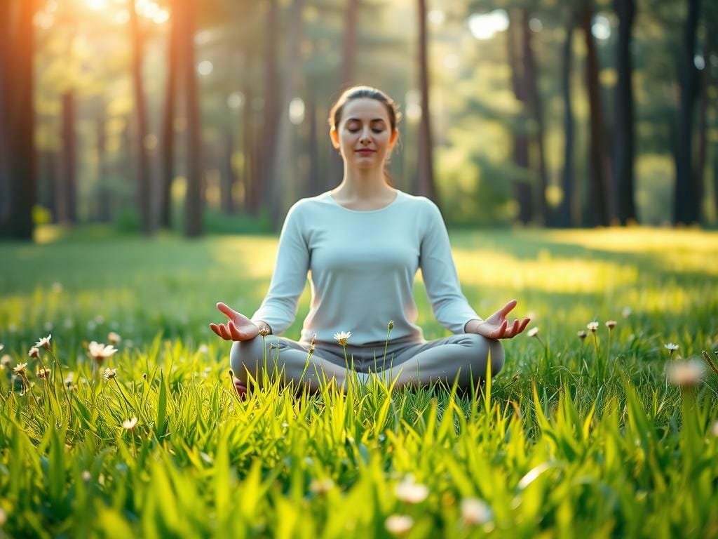 A serene figure sitting cross-legged in a peaceful meadow, the warm morning sunlight gently illuminating their face as they meditate. The foreground features the meditator's hands resting on their lap, palms upward in a posture of mindfulness. In the middle ground, lush green grass and delicate wildflowers sway in a light breeze. The background depicts a tranquil forest, with tall trees and soft dappled shadows, creating a calming, contemplative atmosphere. The scene conveys a sense of inner focus, clarity, and connection with the natural world.