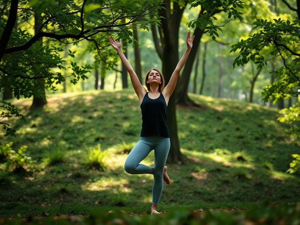 A serene forest glade, with a figure standing in the classic Tree Pose, arms gracefully extended overhead. Soft, natural lighting filters through the lush green canopy, casting a warm, calming glow. The model's pose is centered, balanced, and anchored, their expression tranquil and focused. The background features a gently sloping hill dotted with verdant foliage, conveying a sense of grounded stability. The overall atmosphere is one of tranquility, mindfulness, and the power of simple, effective yoga to promote weight loss and wellness.