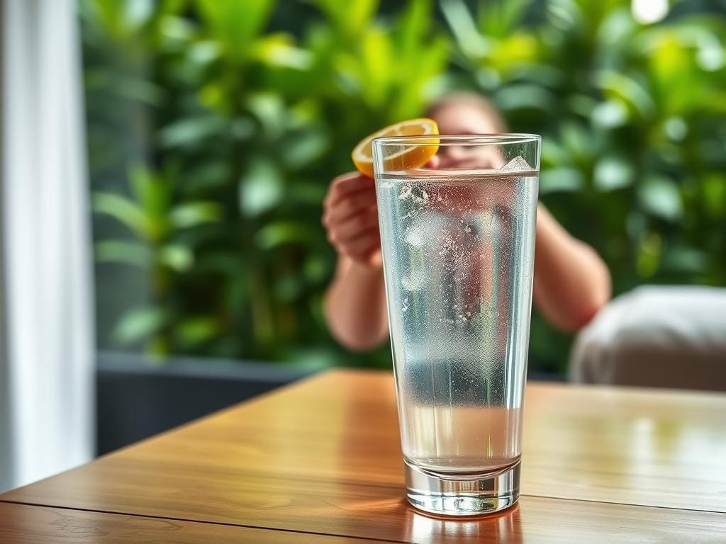 A serene, hydrating scene showcasing the power of water to boost metabolism. In the foreground, a glass of fresh, crystal-clear water sits on a wooden table, reflecting the light beautifully. In the middle ground, a person's hands are holding a freshly cut lemon, ready to add a zesty twist to the revitalizing drink. The background features a lush, verdant landscape with vibrant greenery, evoking a sense of natural energy and renewal. The lighting is soft and diffused, creating a calming, spa-like atmosphere. The camera angle is slightly elevated, allowing the viewer to fully appreciate the harmonious composition and the rejuvenating essence of this hydration-focused scene.