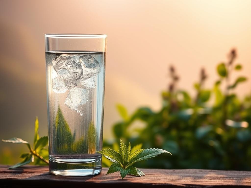 A serene, hydration-focused scene with a transparent glass of water in the foreground, filled to the brim with clear, glistening liquid. In the middle ground, lush green plants and herbs evoke a sense of nourishment and gut health, their leaves gently swaying. The background features a soft, blurred landscape evoking a peaceful, calming atmosphere, bathed in warm, natural lighting that highlights the tranquility of the setting. The overall composition conveys a sense of balance, wellness, and the importance of staying hydrated for optimal gut function.