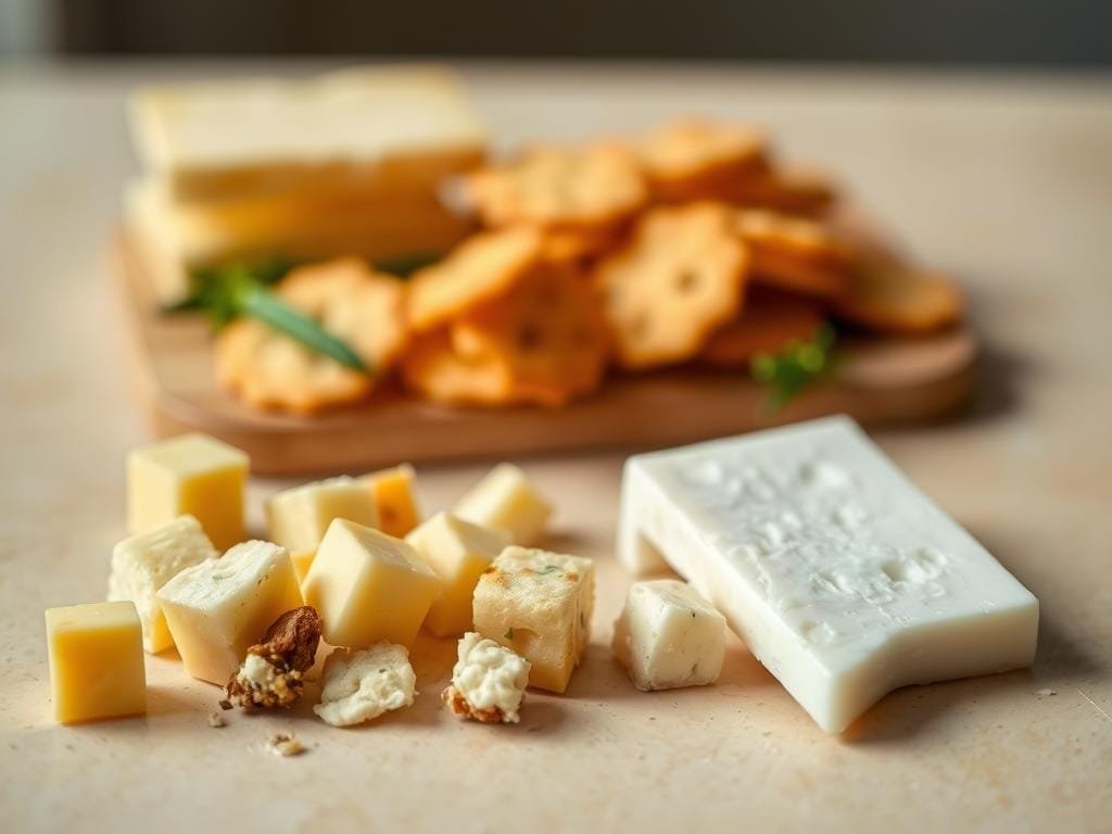 A small assortment of keto-friendly cheese snacks artfully arranged on a clean, neutral-toned surface. In the foreground, bite-sized cubes of creamy cheddar, nutty parmesan, and crumbly goat cheese are neatly presented. The middle ground features crisp cheese crisps or crackers, some garnished with fresh herbs. The background is softly blurred, allowing the cheeses to take center stage. Warm, natural lighting casts a subtle glow, enhancing the rich, inviting textures. The overall composition conveys a sense of simple, healthful indulgence - perfect for on-the-go keto snacking.