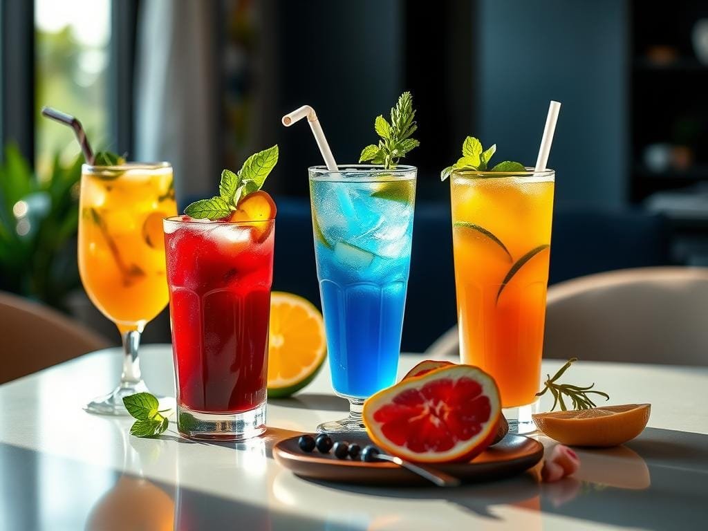 A stylish arrangement of five vibrant detox drinks, each with unique colors and ingredients, presented on a sleek, modern table. The drinks are backlit with warm, natural lighting, casting soft shadows and creating an inviting, appetizing atmosphere. The scene features a mix of glassware, fruits, and garnishes, artfully composed to showcase the alluring qualities of these nourishing, weight-loss-promoting beverages. The overall mood is clean, refreshing, and visually captivating, perfectly capturing the essence of "Top 5 Detox Drinks for Weight Loss".