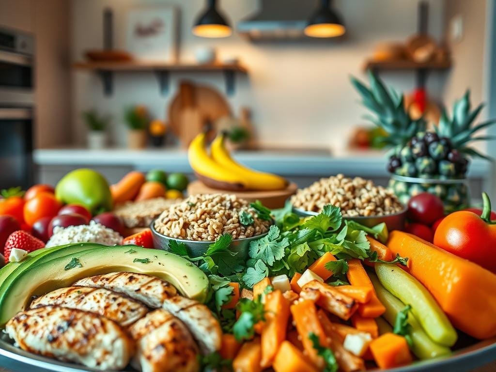 A sumptuous spread of nourishing post-workout meal ideas, captured in vibrant high-resolution detail. In the foreground, a selection of wholesome ingredients - juicy grilled chicken, creamy avocado, crunchy vegetables, and a colorful variety of fresh fruits. The middle ground features a mix of complex carbohydrates, such as quinoa, brown rice, and whole-grain toast, providing sustained energy. The background showcases a modern, minimalist kitchen setting, with warm, natural lighting illuminating the scene. The overall mood is one of health, vitality, and a sense of balance, reflecting the optimal recovery needs of the active individual.