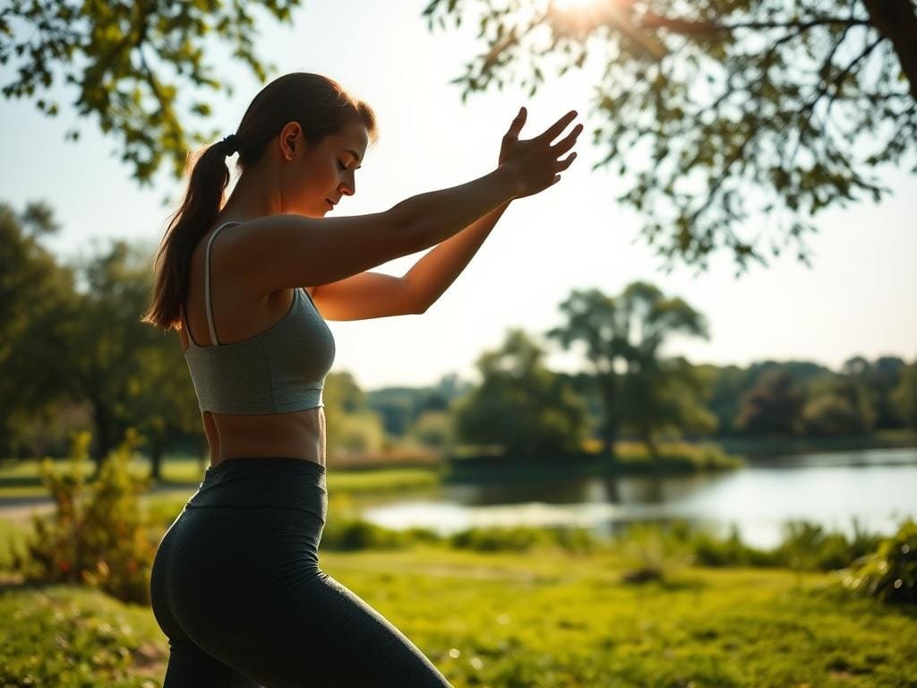 A sun-dappled morning in a peaceful park, a woman in comfortable workout clothes stretches and breathes deeply, her movements graceful and focused. The foreground features her silhouette, with details of her form and expression visible. The middle ground shows a lush, verdant landscape, with trees and flora in soft, natural hues. The background depicts a serene lake or pond, its surface reflecting the clear sky above. The lighting is soft and warm, creating a tranquil, inspiring atmosphere. Captured with a wide-angle lens to showcase the harmonious scene, this image embodies the rejuvenating power of morning exercise.
