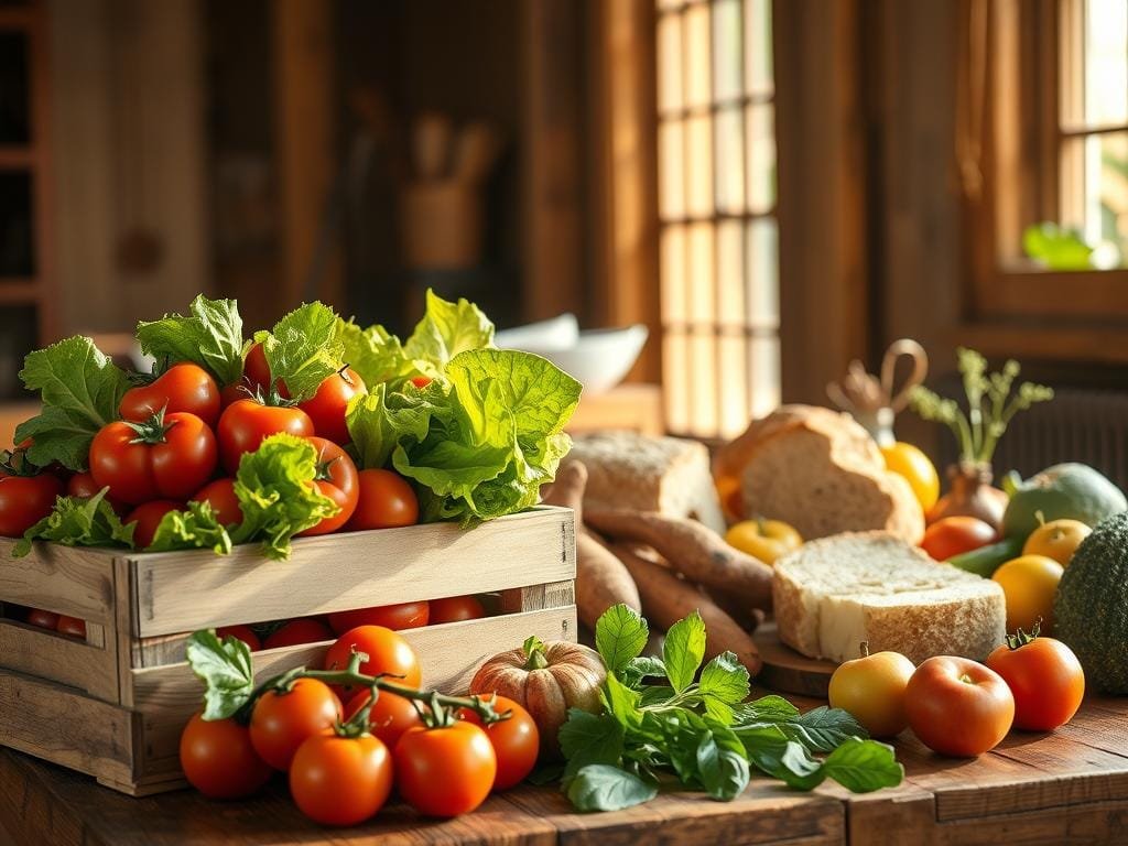A sun-dappled still life showcasing the vibrant bounty of whole foods. In the foreground, a wooden crate overflows with ripe produce - juicy tomatoes, crisp lettuce, and earthy root vegetables. The middle ground features a rustic wooden table, its surface adorned with a platter of freshly baked whole grain bread, a wedge of creamy cheese, and a cluster of seasonal fruits. In the background, a window floods the scene with warm, natural light, casting a soft glow and highlighting the vibrant colors and textures of the wholesome ingredients. The overall atmosphere conveys a sense of nourishment, simplicity, and the inherent benefits of choosing whole, unprocessed foods.