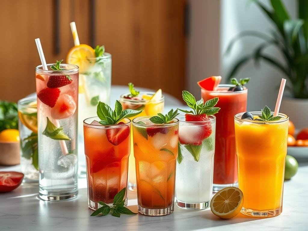 A table with a variety of colorful detox drinks, including infused waters, fresh juices, and smoothies. The drinks are arranged in a visually appealing manner, with vibrant fruits, vegetables, and herbs as garnishes. The lighting is soft and natural, creating a calming and inviting atmosphere. The focus is on the drinks, highlighting their vibrant colors and textures, with the background slightly blurred to draw the eye to the foreground. The overall composition suggests a serene and wellness-focused setting, perfect for incorporating these detox drinks into a daily routine.