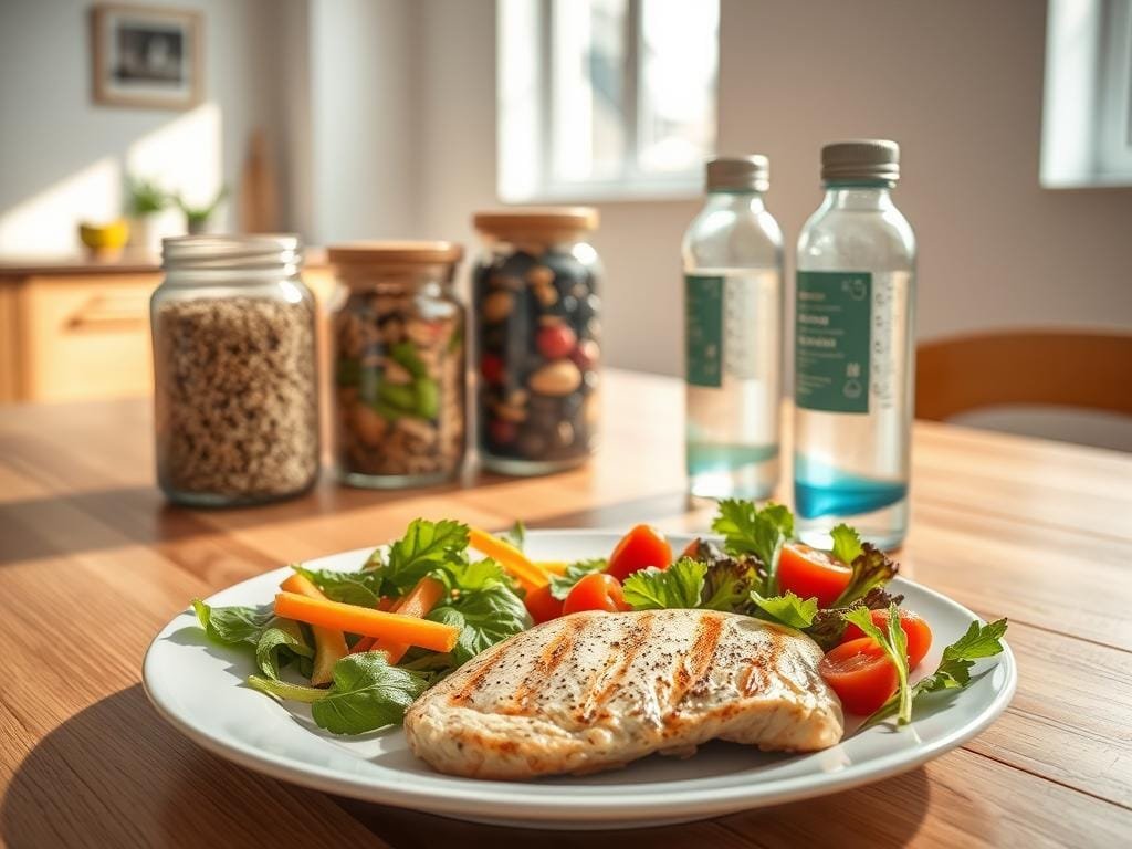 A tranquil kitchen setting with a wooden table, sunlight streaming through the windows, and a variety of healthy meal components neatly arranged. In the foreground, a plate showcases a balanced and visually appealing lunch, including a grilled chicken breast, steamed vegetables, and a side salad. In the middle ground, glass jars filled with superfoods like quinoa, nuts, and berries sit alongside a water bottle, conveying the importance of proper hydration. The background features a minimalist, clean-lined interior design, with a sense of calm and focus, hinting at the optimal energy and concentration the right meal timing can provide.