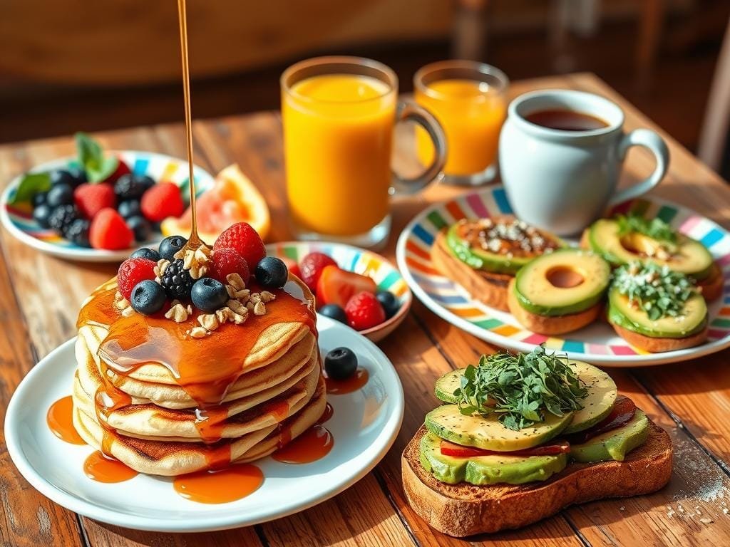 A vibrant and enticing spread of plant-based breakfast options, artfully arranged on a rustic wooden table. In the foreground, a stack of fluffy vegan pancakes drizzled with maple syrup, accompanied by a selection of fresh berries and a sprinkle of crushed nuts. Alongside, a colorful plate showcases a variety of sliced avocado toast, topped with microgreens and a sprinkle of sea salt. In the middle ground, a glass of freshly squeezed orange juice and a steaming mug of herbal tea set the stage for a nourishing and delightful morning meal. The scene is bathed in warm, natural lighting, creating a cozy and inviting atmosphere, perfect for the "Delicious Plant-Based Recipe Ideas" section of the article.