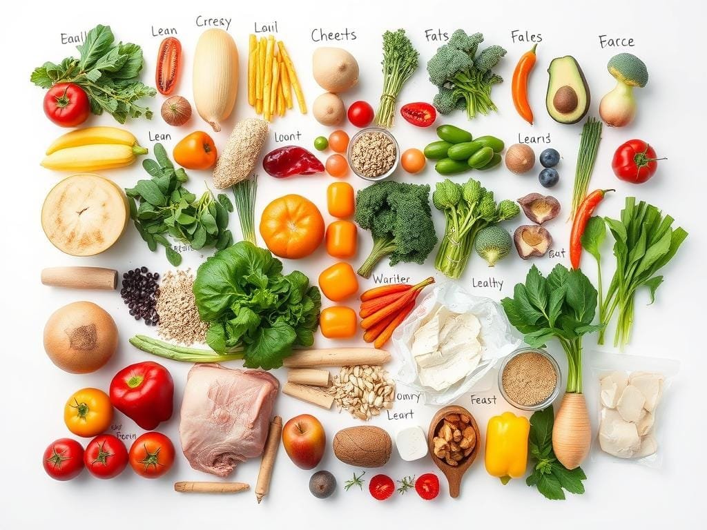A vibrant and neatly organized grocery list, showcasing a variety of healthy, natural ingredients. The list is handwritten on a crisp white background, with each item meticulously arranged in rows, creating a sense of order and balance. The items include fresh produce such as leafy greens, colorful fruits, and crunchy vegetables, as well as whole grains, lean proteins, and heart-healthy fats. The lighting is soft and natural, highlighting the vivid colors and textures of the ingredients. The overall mood is one of simplicity, wellness, and a commitment to a balanced, nutritious diet.