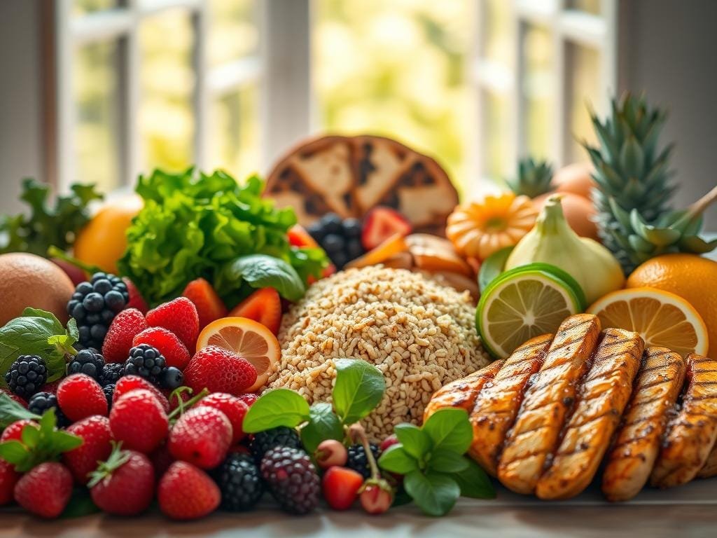 A vibrant, appetizing still life of nutrient-rich foods against a soft, natural backdrop. In the foreground, an assortment of fresh fruits and vegetables - juicy berries, crisp greens, vibrant citrus - arranged artfully. In the middle ground, whole grains like quinoa and brown rice, accompanied by lean protein sources like grilled chicken or tofu. The background features a serene, sunlit setting, perhaps an open window overlooking a lush garden. The lighting is warm and inviting, enhancing the vibrant colors and textures of the scene. Convey a sense of balance, health, and energy-boosting vitality.