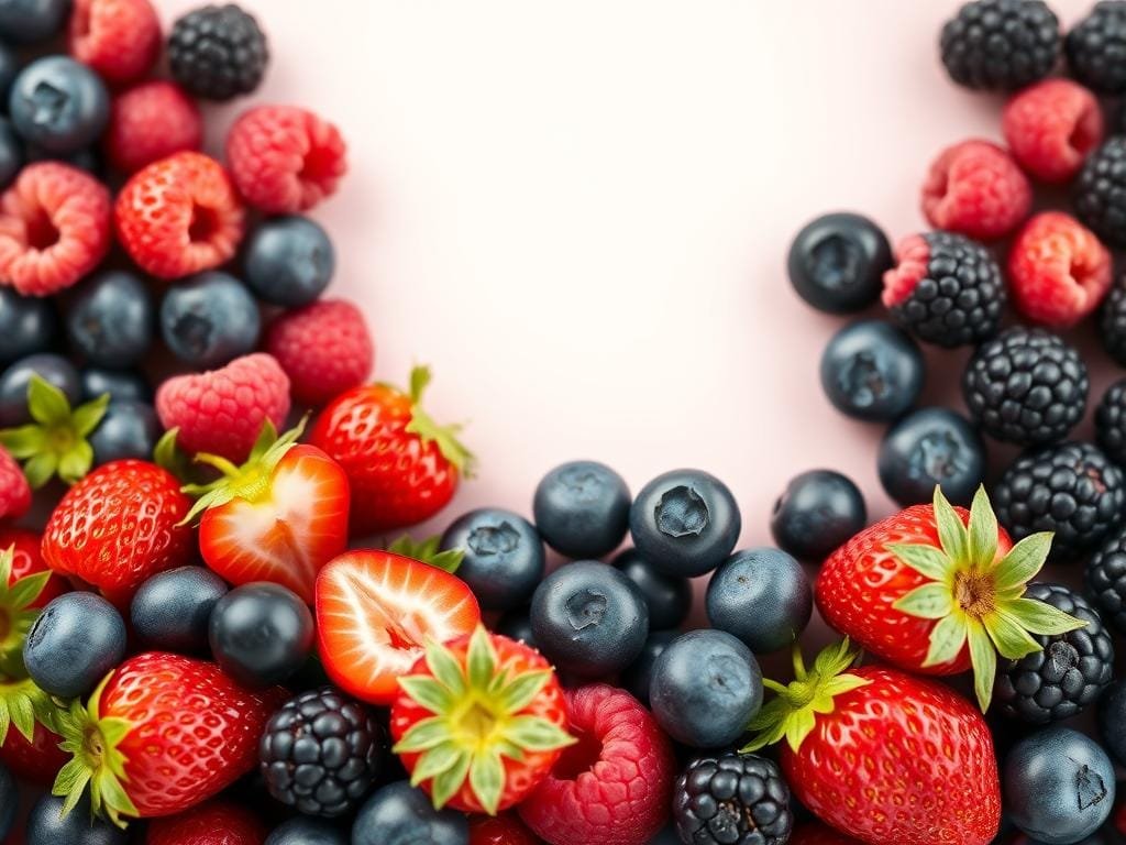 A vibrant arrangement of fresh, plump berries against a clean, minimalist background. In the foreground, a cluster of juicy blueberries, raspberries, and blackberries, their colors popping with natural vibrancy. The middle ground features a handful of succulent strawberries, their glossy surfaces catching the soft, diffused lighting. The background is a simple, neutral tone, allowing the berries to take center stage. The overall composition conveys a sense of health, vitality, and the power of these small, nutrient-dense fruits to support weight loss goals. Captured with a sharp, high-resolution lens to highlight the intricate textures and natural beauty of the berries.